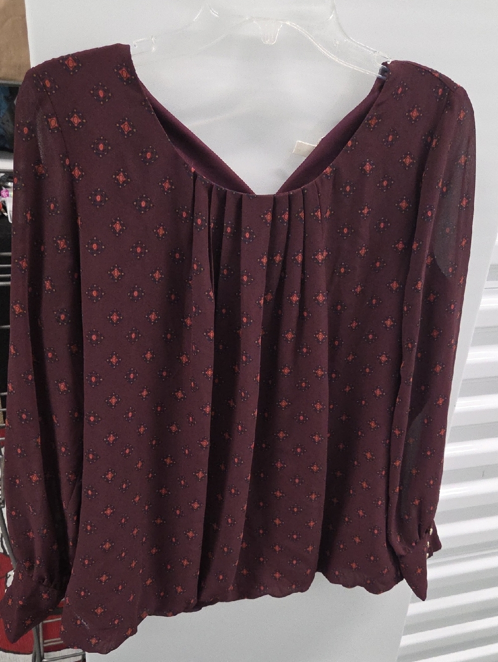 Dress Barn Plum Printed Pleated V-Neck Blouse